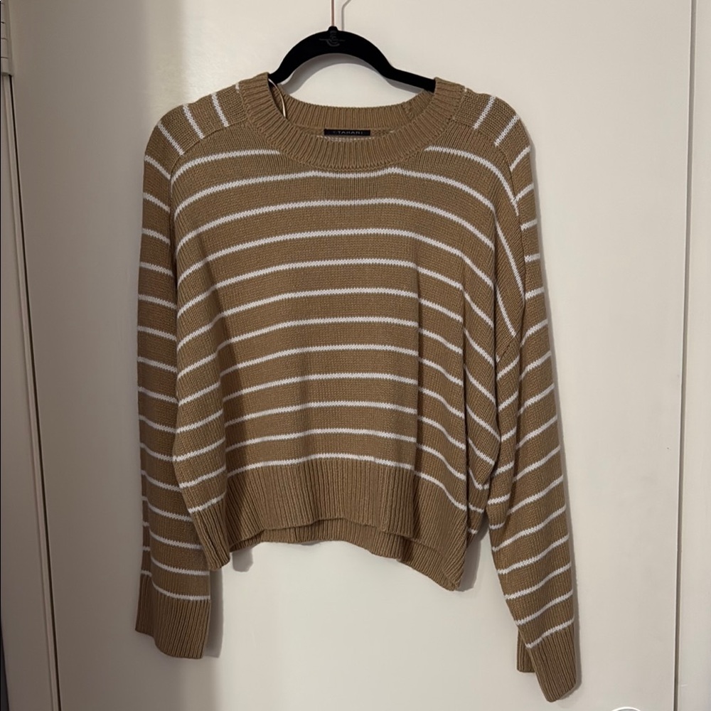 Tahari Beige Striped Crew Neck Sweater Lightweight Casual